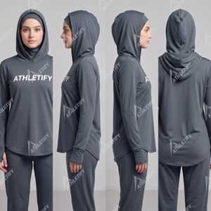 เสื้อฮิญาบสำหรับผู้หญิงแบบ OEM สั่งทำได้ พิมพ์ลายและโลโก้ได้ แห้งเร็ว สำหรับเล่นกีฬา มีชั้นฮิญาบในตัว พร้อมปลายแขนแบบมีรูสอดนิ้วโป้ง ยืดหยุ่นได้ - Product Image 5