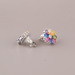 Flower Shape <b>Stud</b> <b>Earrings</b> With Multicolor <b>Crystal</b> Rhinestones Silver Plated Alloy Women's Cute Jewelry Gift - Product Image 2