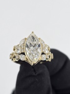 Regal Marquise Diamond <b>Ring</b> Yellow Gold <b>Crown</b> Cluster Vintage Scrollwork Fine Architectural Split Band Statement Jewelry - Product Image 1