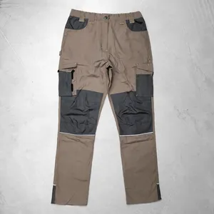 <b>Mens</b> Workwear <b>Trousers</b> Taupe Beige Two Tone with Dark Charcoal Reinforced Pockets <b>White</b> Reflective Stripe Cargo Work Pants - Product Image 2