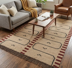 Tapis d'appoint tissé à la main style bohème du Sud-ouest, géométrique, à franges, neutre, rustique, pour chambre, salon, décoration intérieure - Product Image 1