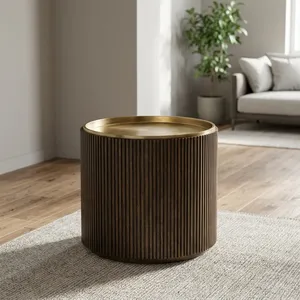 Modern Round Cylindrical Wood Coffee <b>Table</b> with Scandinavian Gold Metal <b>Tray</b> Top for Living Room Furniture - Product Image 2
