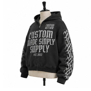 Sudadera con capucha y cremallera personalizada para hombre, estilo oversize, streetwear, de algodón negro, felpa francesa, con estampado frontal, para otoño, vintage, lavada. - Product Image 6