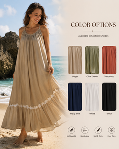 Robe longue maxi tendance pour femme, beige, sans manches, dos nu, à volants, simple, unie, style bohème, pour la plage, coupe trapèze, 100% coton, écologique - Product Image 4