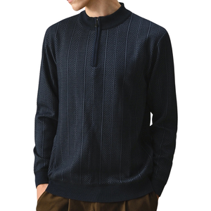 <b>Mens</b> Navy Blue Textured Half Zip Winter Business Knitted Sweater Long Sleeve Ribbed Collar <b>Pullover</b> Casual Wear - Product Image 1