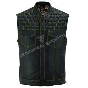 Gilet unisexe personnalisé en cuir pleine fleur véritable pour motard, coupe diamant, sans manches, avec poches intérieures et doublure bandana - Product Image 1
