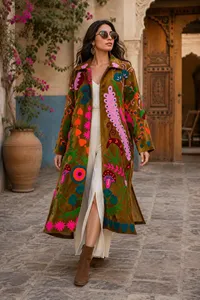 Chaqueta Larga de Terciopelo Bordado Marrón para Mujer, Diseño Floral, Estilo Bohemio, Cuello Camisero, Manga Larga, Ropa de Abrigo para Invierno - Product Image 3