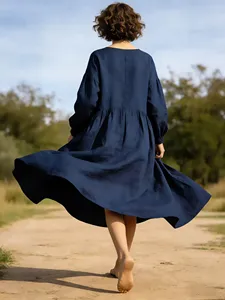 Women Plain Navy Blue <b>Boho</b> Maxi <b>Dress</b> <b>Long</b> Sleeve Loose Oversized Casual Cotton Linen Style <b>Dress</b> - Product Image 2