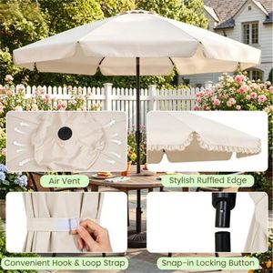 Parasol de terrasse beige de 3 m à bords festonnés avec auvent ventilé, manivelle de levage, bouton d'inclinaison, baleines en fibre de verre et base en granit - Product Image 5
