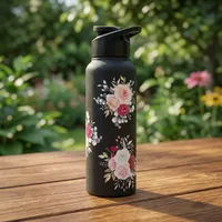 Bouteille d'eau en acier inoxydable avec motif floral, noire, réutilisable, anti-fuite, durable, en métal, pour la maison, le bureau, l'école