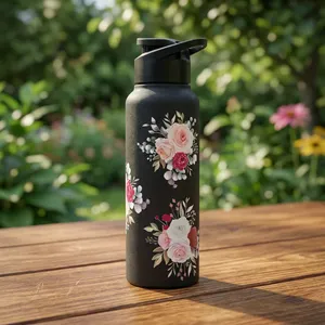 Bouteille d'eau en acier inoxydable avec motif floral, noire, réutilisable, anti-fuite, durable, en métal, pour la maison, le bureau, l'école - Product Image 5