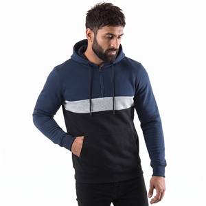 Men Quarter Zip Colorblock Fleece Hoodie Horizontal Chest Band Front Pouch Pocket <b>Cords</b> Ribbed Cuffs Waistband 100% Polyester - Product Image 4