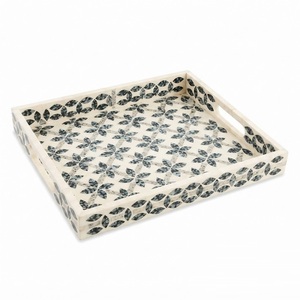 Mother of Pearl Inlay Serving Tray Round Turquoise <b>Mosaic</b> Shell Ottoman Platter Wholesale Luxury MOP Decorative Tray for Sale - Product Image 3