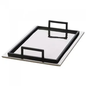 Rectangular Glass <b>Serving</b> <b>Tray</b> with <b>Black</b> Handles Minimalist Design Durable Mirror Finish for Party Use - Product Image 1