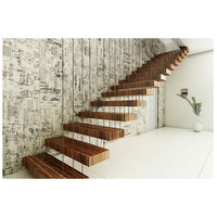 Escalier flottant cantilever avec marches en chêne blanc et balustrade en verre trempé, éclairage LED intégré, pour usage commercial