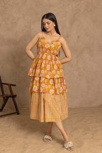 Mustard Floral Print <b>Spaghetti</b> <b>Strap</b> Cotton <b>Midi</b> <b>Dress</b> For Women Featuring Lightweight Fabric Modern Style Comfortable Fit - Product Image 2