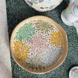 Round Wooden Serving <b>Tray</b> With Floral Design Bohemian Style Painted Eco Friendly Decorative Tableware - Product Image 3