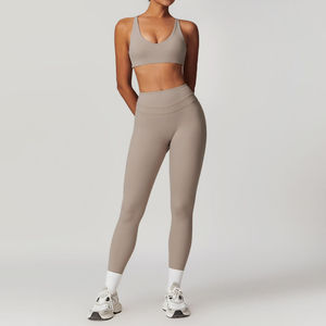 Wholesale Solid Cross <b>Bra</b> Cutout Deep V Neck High Waist Yoga Leggings 2-Piece Set Breathable Quick Dry Eco-Friendly - Product Image 4