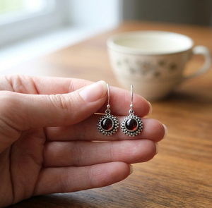 Elegant Round Garnet Gemstone <b>Silver</b> Drop Earrings Handcrafted Bali Style <b>Beaded</b> Design Natural DeepRed Garnet Studs Jewelry her - Product Image 3