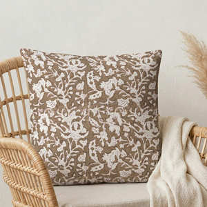 Taupe Decorative Hand Block Print <b>Cushion</b> Cover Botanical Floral Accent <b>Pillow</b> French Country Decor - Product Image 1