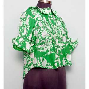 Túnica Vintage de Verano, Corte Regular, Estampado Floral Dulce, 100% Algodón Lavable, Estilo Casual, Toque Femenino, Cuello Redondo con Volantes, Manga Media, Mini - Product Image 4