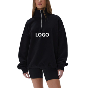 <b>Women's</b> Oversized <b>Quarter</b> <b>Zip</b> Sweatshirt Solid Color Drop-Shoulder Stand Collar Cotton Knitted Breathable Front Logo Autumn Wear - Product Image 3