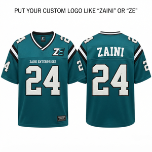 Maillot de football américain pour hommes en polyester premium, maille respirante, vert sarcelle, noir, blanc, col en V, manches à rayures, logo personnalisé en twill. - Product Image 1
