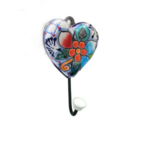 Handmade Ceramic Heart Wall Hook With Floral Pattern Vintage Style Single Hook For Keychain <b>Hanger</b> - Product Image 1