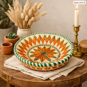 Panier rond tissé à la main avec motif géométrique orange et vert, décoration bohème pour la maison, décoration murale pour le salon, bol décoratif - Product Image 1