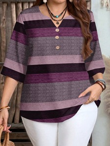 Camiseta Polo para Mujer, a Rayas, Manga Tres Cuartos, Tejida, Informal, Holgada, con Estampado Multicolor, Transpirable, de Poliéster - Product Image 2