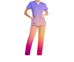 Conjunto de uniforme médico de algodón morado para mujer, top con cuello en V y bolsillos, pantalones rectos, uniformes de hospital, tela tejida, detección de agujas, venta al por mayor - Product Image 3