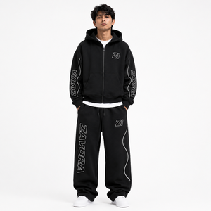 Premium Black 2PC Tracksuit Set <b>Full</b> <b>Zip</b> <b>Hoodie</b> Wide Leg Sweatpants Graphic Print Contrast Piping High Street Men's Winter Wear - Product Image 2