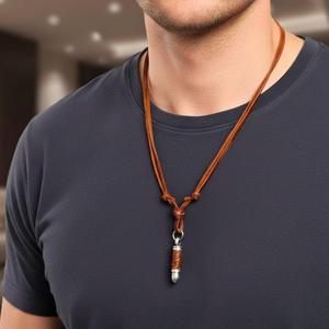 Vintage Alloy Bullet Pendant Necklace for Men & Boys-Gold Plated with Adjustable Pure Leather Cord - Product Image 1