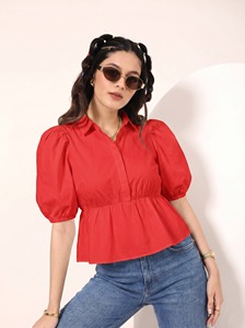 Summer Cotton Tops Elastic Waist Breathable <b>Shirts</b> Office Daily Wear Casual Blouse <b>Button</b> Lady Casual Cotton Peplum <b>Shirt</b> Top - Product Image 1