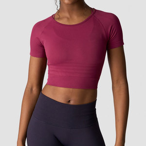 Custom Loose Breathable Women Yoga <b>Top</b> High Stretch Spandex/Nylon Solid Color <b>Crop</b> <b>Top</b> Short Sleeve Sportswear T-Shirt - Product Image 1