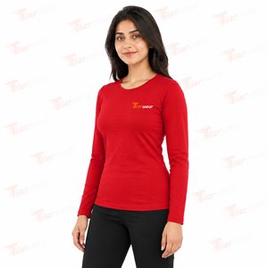 T-shirt à manches longues pour femme, col rond, rouge, uni, décontracté, avec logo, respirant, 100% coton - Product Image 2