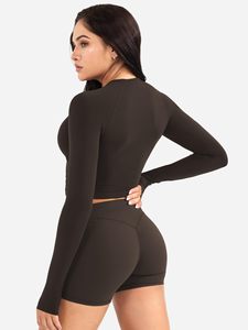 <b>Long</b> Sleeve Top With Scrunch Butt Shorts Sets For Women Yoga 2 Piece Summer Casual Solid Crew Neck <b>Matching</b> T-shirt Set Running - Product Image 5