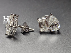 IGI Certified Lab Grown Diamond Toi et Moi <b>Stud</b> Earrings 14K 18K White Gold Pear and <b>Emerald</b> Cut Diamond Cluster Earrings - Product Image 3