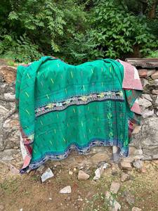 Green Color Vintage Block Printed Cotton Kantha Reversible Quilt – Handmade Indian <b>Bedspread</b> - Product Image 5