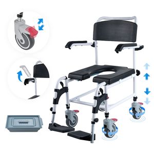 Sedia a rotelle da doccia con 4 ruote bloccabili, braccioli pieghevoli e altezza regolabile su 3 livelli, secchio rimovibile da 5L, 350 libbre di portata - Product Image 1