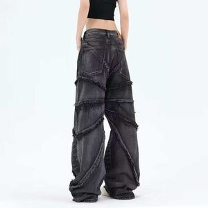Jean cargo taille haute pour femme, coupe large, en denim délavé foncé, patchwork, déchiré et effiloché, style streetwear, coupe ample - Product Image 3