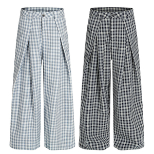 Custom Plaid Wide Leg Trousers Men High Waist Front Pleated Loose Fit Casual Bottoms Straight Cut Apparel - Product Image 6