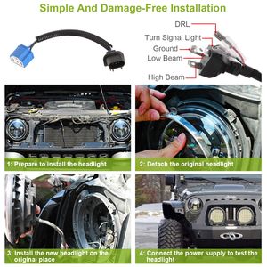 Faro LED Rotondo 6000LM con Occhi d'Angelo Halo 2 X 7\" per Jeep Wrangler TJ JK CJ con Adattatore da H4 a H13 Plug and Play - Product Image 6