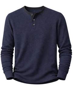 <b>Mens</b> Waffle <b>Henley</b> <b>Long</b> <b>Sleeve</b> Thermal T Shirt Navy Blue Casual Button Neck Winter Wear Top Cotton Slim Fit Breathable Fabric - Product Image 2