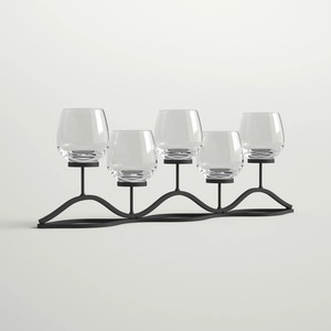 Contemporary Five Tealight Glass Cup Wave Metal Table Dining Centerpiece Elegant <b>Ribbon</b> Abstract Metal Base Multi Glass - Product Image 1
