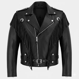 Men's Black Leather Winter Moto <b>Jacket</b> with <b>Fringe</b> Zipper Closure Turn-down Collar Slim Fit Windproof Eco-Friendly Breathable - Product Image 5