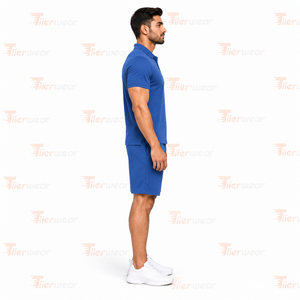 Men's Blue Cotton Polo Shirt & Shorts <b>Set</b> Solid Color Front Logo Breathable Summer Casual <b>Knitted</b> Fabric polo & Shorts <b>set</b> - Product Image 2