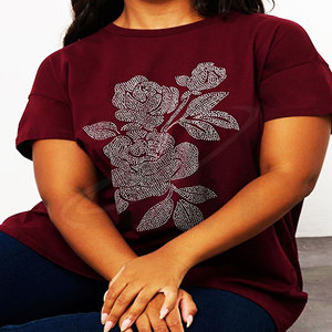 Camiseta de Mujer con Bordado Floral Azul Claro, Manga Corta, Cuello Redondo, Corte Holgado, Informal, 100% Algodón, Primavera Verano - Product Image 2