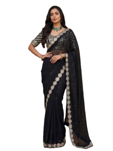 Party Wear Summer Faux Georgette Saree Sequins Codding Embroidery Real <b>Mirror</b> Wedding Traditional Ethnic <b>Slim</b> Fit - Product Image 2