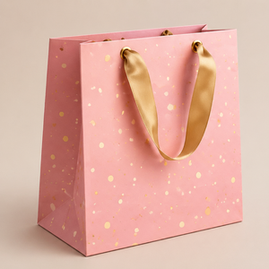 Bolsa de Regalo de Papel Rosa de Lujo Personalizada con Puntos Dorados y Asas de Cinta de Satén para Empaque de Boutique - Product Image 1